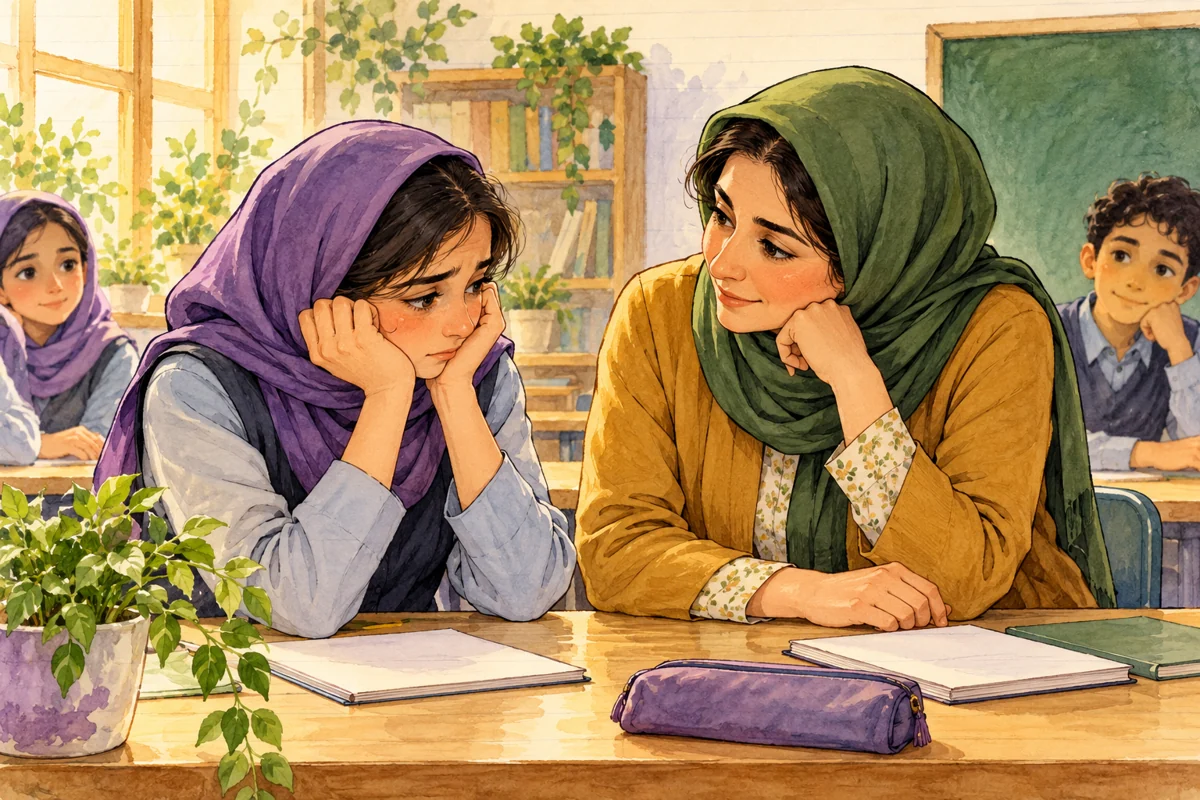 معلم همسطح دانشآموز ناراحت نشسته و با توجه به او گوش میدهد.