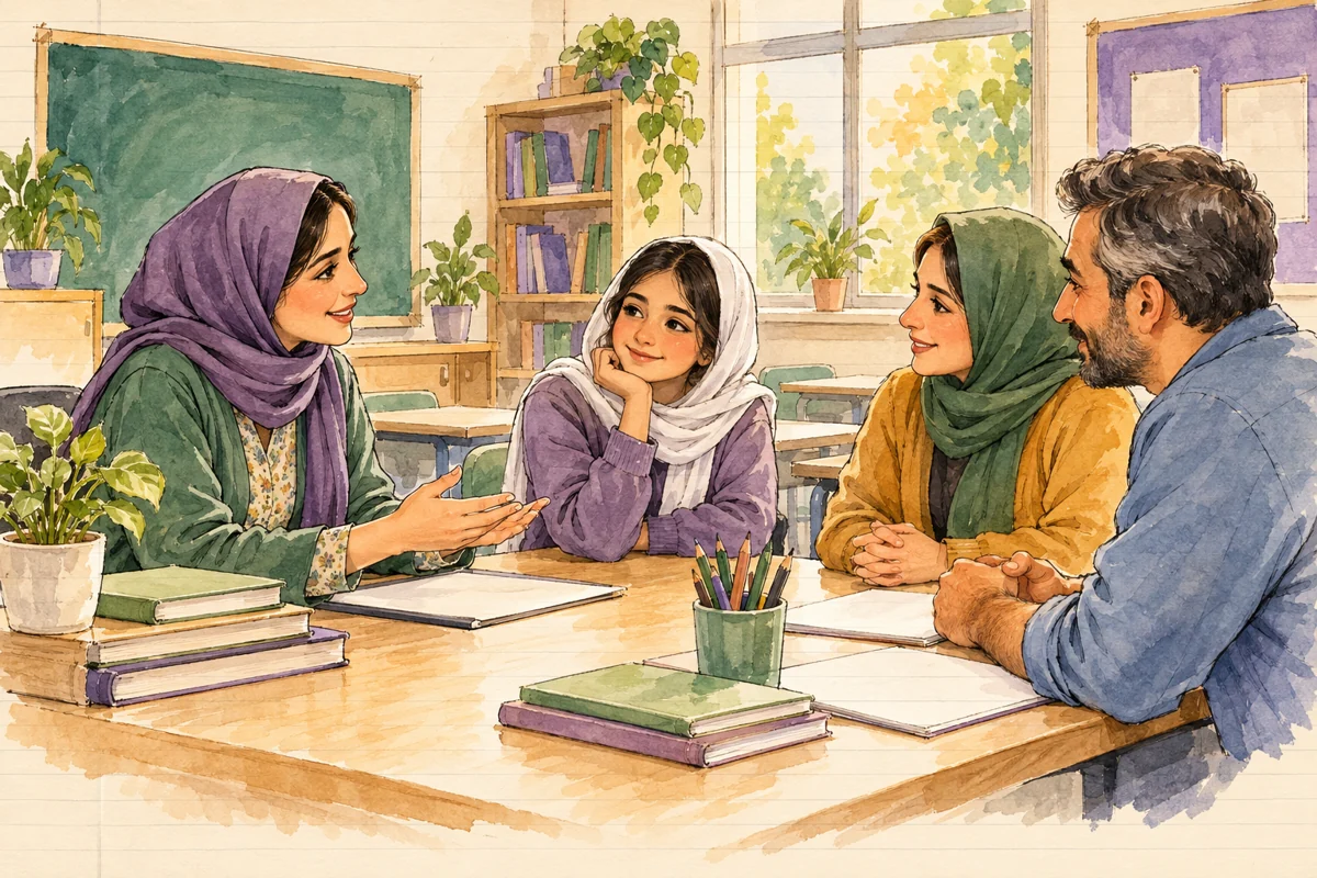 معلم و والد در گفتوگویی دوستانه برای حمایت از دانشآموز همفکری میکنند.