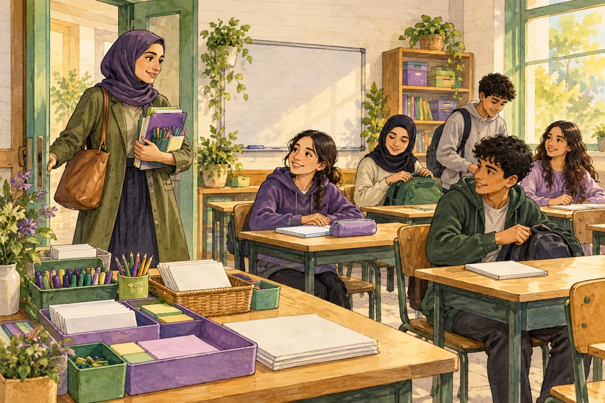 دانش‌آموزان با آرامش وارد کلاس می‌شوند و وسایل را از محل مشخص برمی‌دارند.