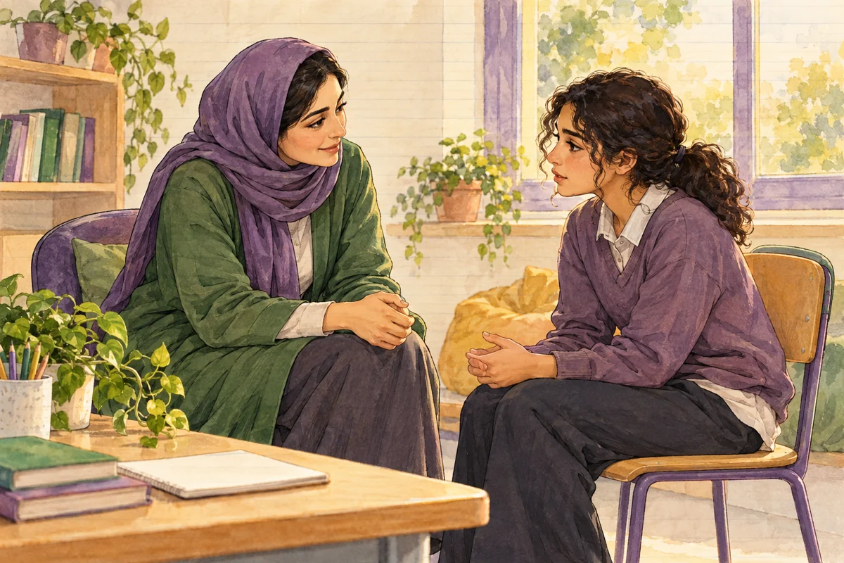 معلم و دانش‌آموز در فضایی آرام و خصوصی دربارهٔ جبران رفتار گفت‌وگو می‌کنند.