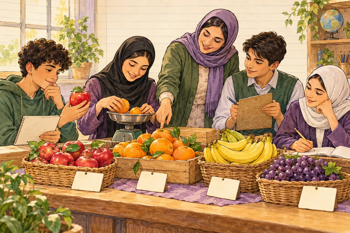 دانش‌آموزان با اشیای واقعی، قیمت‌ها و خرید روزمره را بررسی می‌کنند.