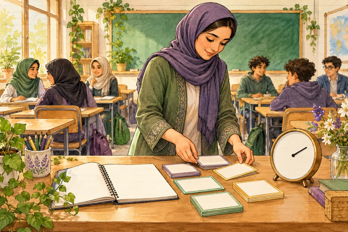 معلم پیش از کلاس دفتر طرح درس، کارتهای فعالیت و زمان را بررسی میکند.
